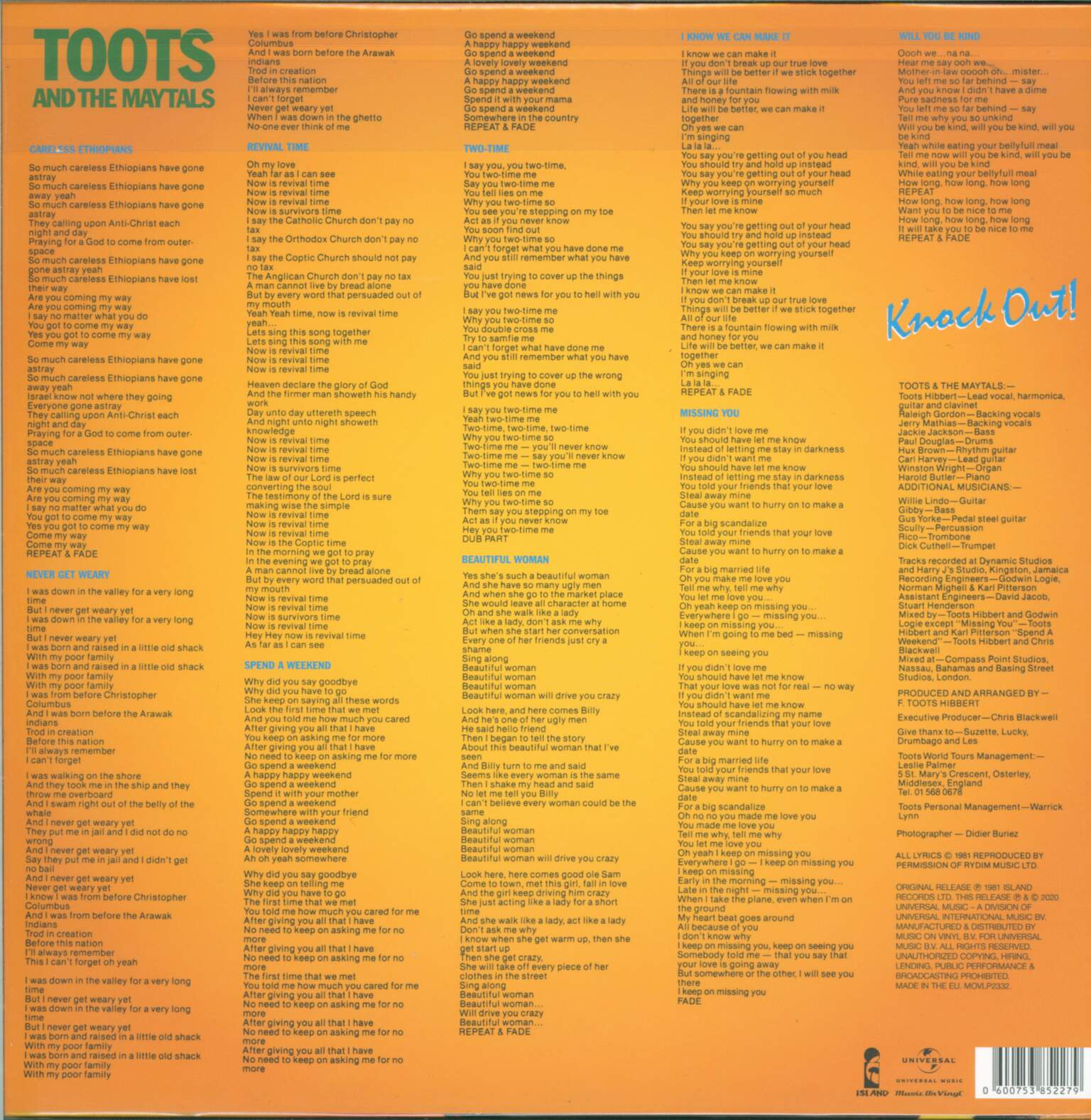 欧LP Toots &amp;amp; The Maytals Knock Out! (180g) MOVLP2332 Music On Vinyl /00270 Toots & The Maytals – Knock Out! – Vinyl (LP, Album), 1981