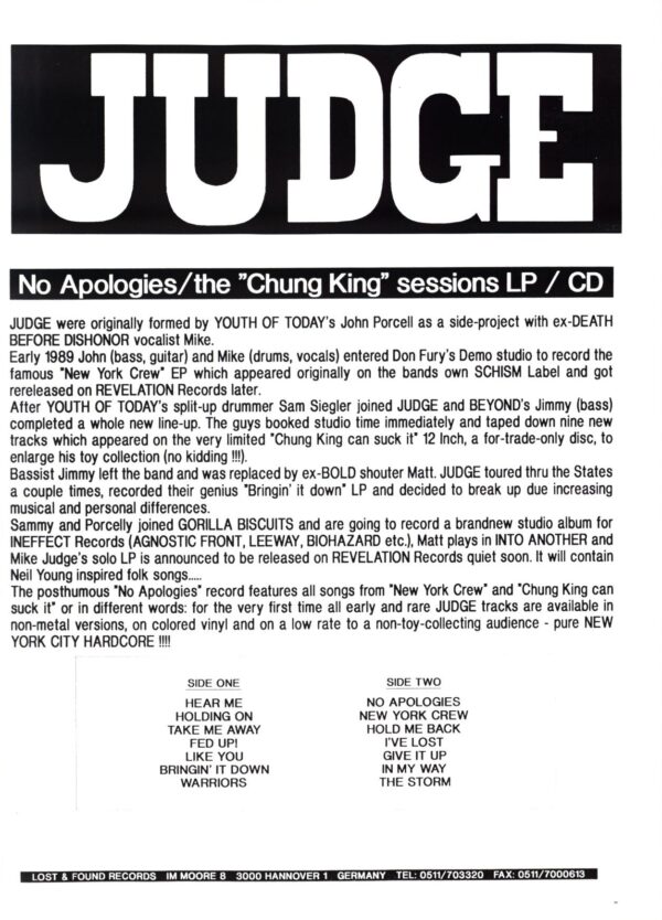 Judge-No Apologies (The Chung King Sessions)-test pressing LP Vinyl