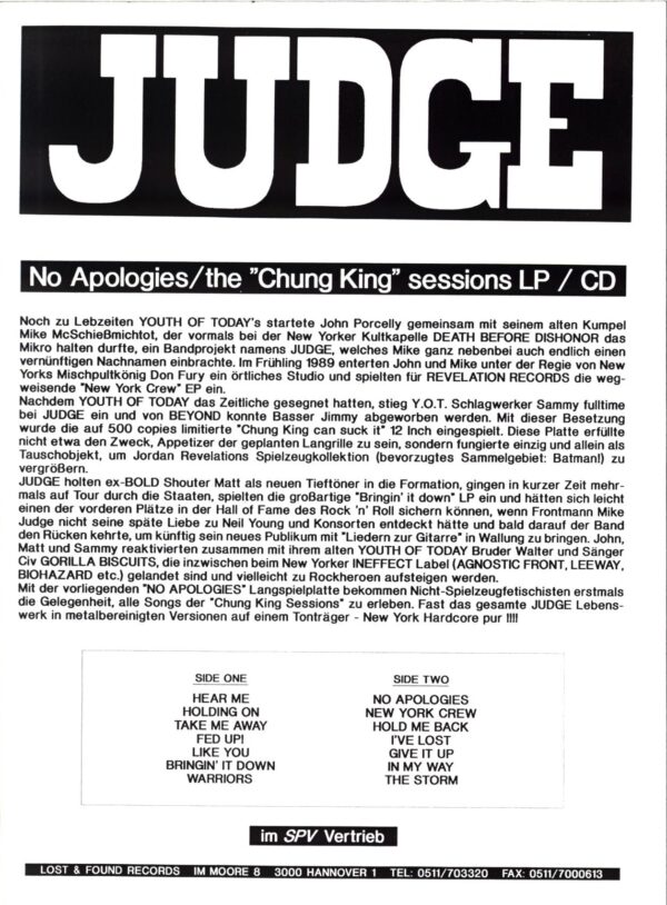 Judge-No Apologies (The Chung King Sessions)-test pressing LP Vinyl